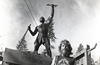 Earth Firster makes a fist while dressed as a Monkey Wrencher during an anti-logging protest in Sequoia National Forest near Quaking Aspen, California. 1990